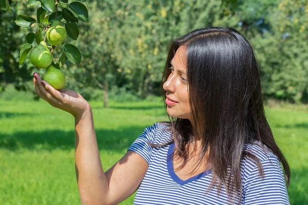 Donna che tiene e guarda pere nel frutteto — Foto Stock