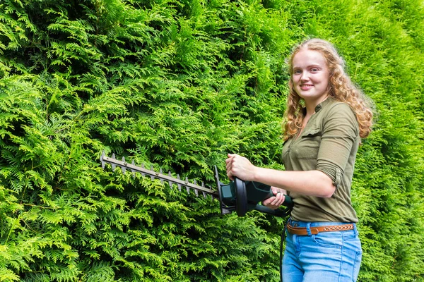 Young dutch woman holding hedge trimmer at conifers — Stock Photo, Image