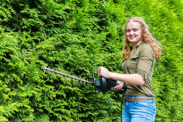 Wanita belanda muda memegang pemangkas tanaman di conifers — Stok Foto