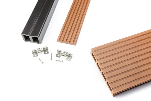 Composite decking board with mounting material — Stock Image Composite decking board with mounting material Stock Picture