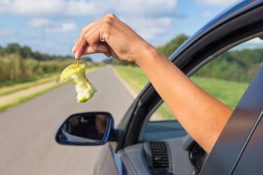 Female arm dropping apple core out car window clipart