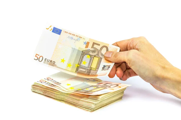 Contabilidad de mano o pago de billetes en euros — Foto de Stock