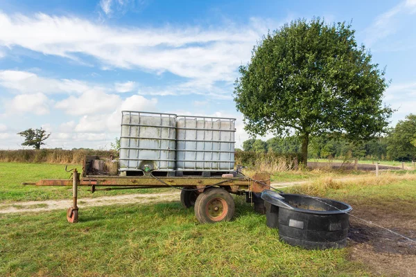 Recipientes de água no carrinho para gado no prado — Fotografia de Stock