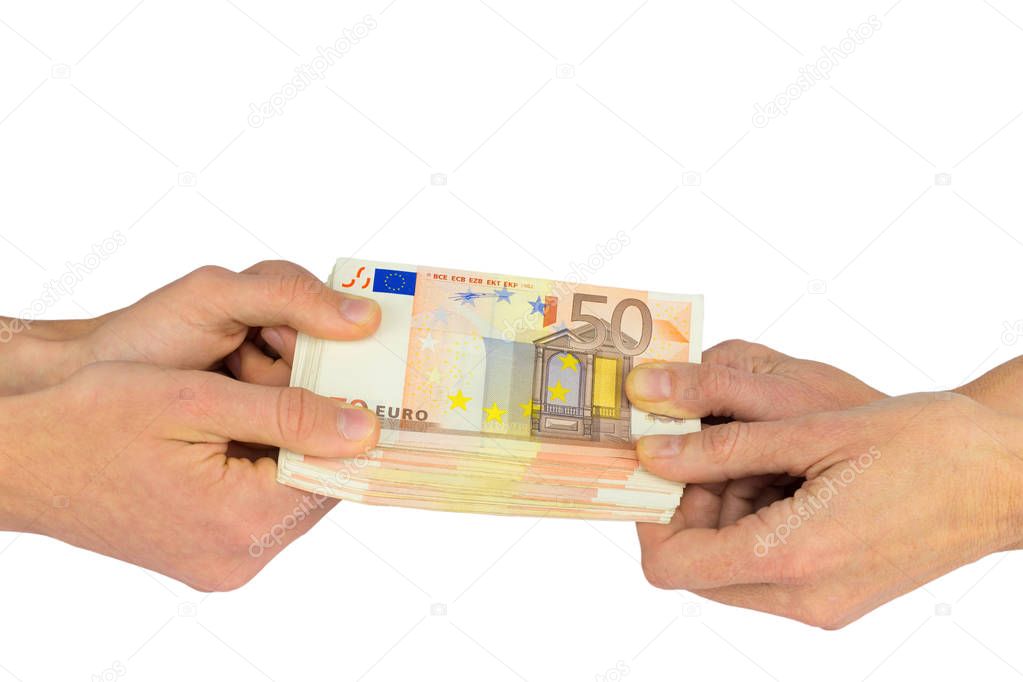 Hands pulling at stack of fifty euro notes