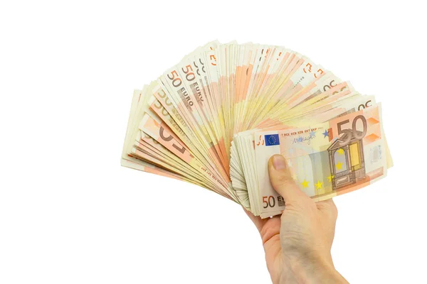 Pila de mano de billetes de cincuenta euros sobre blanco — Foto de Stock