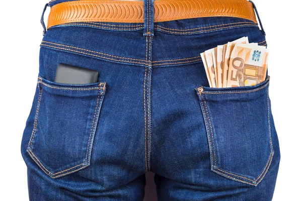 Handy und Eurogeld in Blue Jeans — Stockfoto