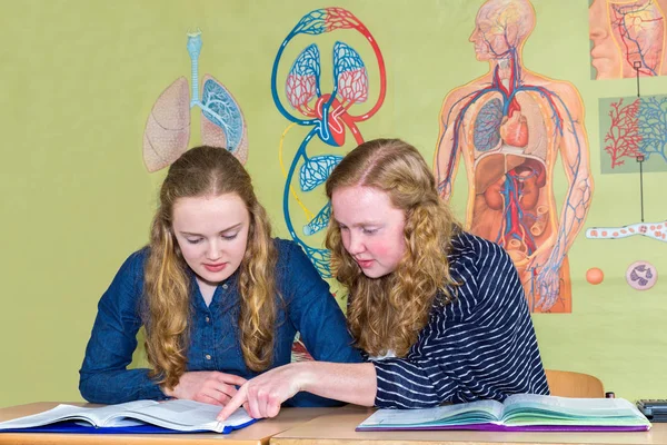 Dva studenti učí s knihami v biologie lekci — Stock fotografie