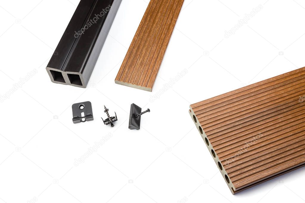 Brown composite decking plank with fixing material 