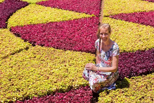Holandês mulher como turista entre plantas coloridas — Fotografia de Stock