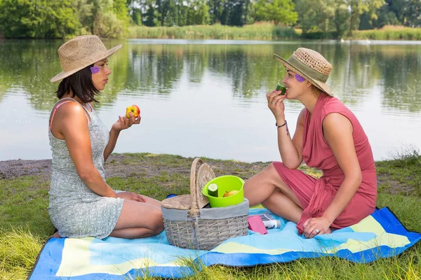 Två kvinnor picknick på vattensidan — Stockfoto