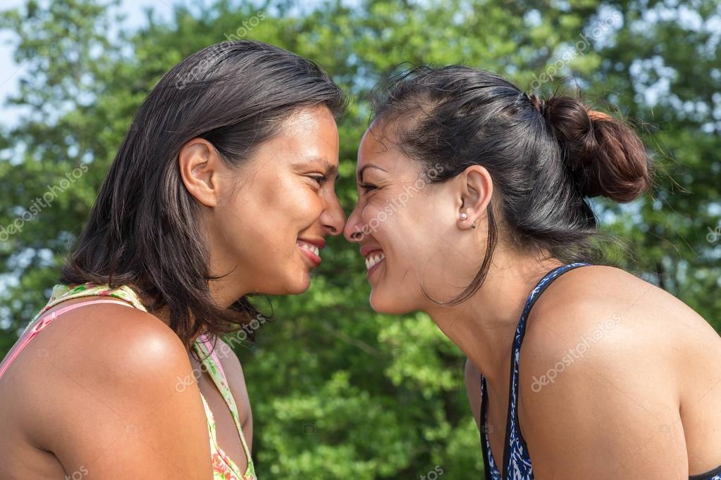 Portrait two women noses touching — Stock Photo