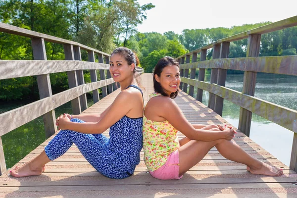 Två vänner sitta tillsammans på träbro i naturen — Stockfoto