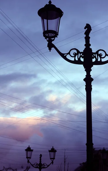 Street light on sunset violet landscape