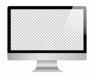 Beyaz arkaplanda izole edilmiş, boş ekran ile Resim biçiminde PC Monitörü. Şeffaf monitör ekranı. Boş izole bilgisayar ekranı. Vektör imaj illüstrasyon kopyası. İş ve masa kavramları için izole ya da şeffaf ekran ile Mac