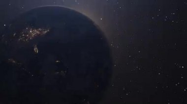 Güzel gündoğumu dünya silueti. Uzaydan gelen dünya gezegeni. Dünya gezegeni dönen animasyon. Klip uzayı, gezegeni, galaksiyi, yıldızları, evreni, denizi, yeryüzünü, günbatımını, dünyayı içerir. 4k 3B Hazırlama.
