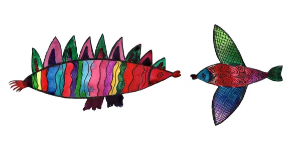 白を基調とした多色の海魚のセット 子供のファンタジー ドローイングです面白いとかわいいカラフルな魚の芸術 二匹の魚 — ストック写真