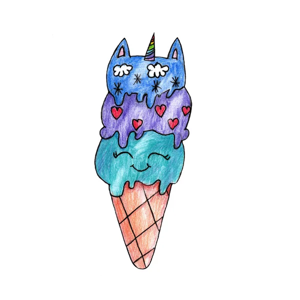 Lindo Cono Helado Con Tres Cucharadas Estilo Unicornio Aislado Sobre — Foto de Stock