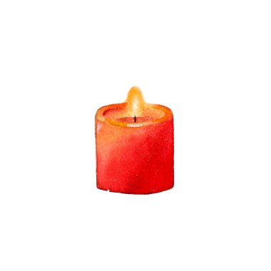 Suluboya kırmızı yanan mum beyaz arka planda izole edilmiş. Aroma mumları. Şenlikli, romantik bir Noel yemeği için mumlar..