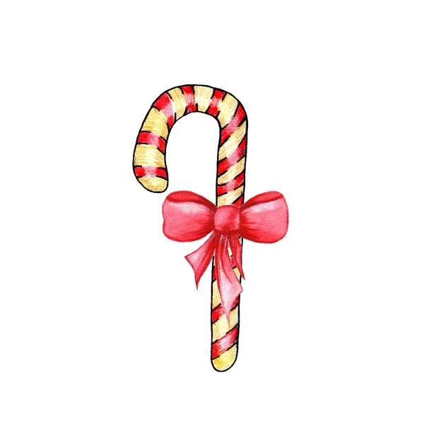 Süßes Karamellrohr Mit Roter Schleife Auf Weißem Hintergrund Weihnachtsbonbon Lutscher — Stockfoto