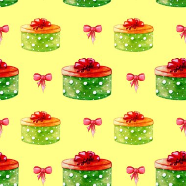 Sarı arka planda yeşil, kırmızı ve sarı renkli karikatür şeklinde yuvarlak hediye kutularıyla kusursuz desenler. Yay, şerit ve kutsal böğürtlenli tatil kutuları. Suluboya çizimi