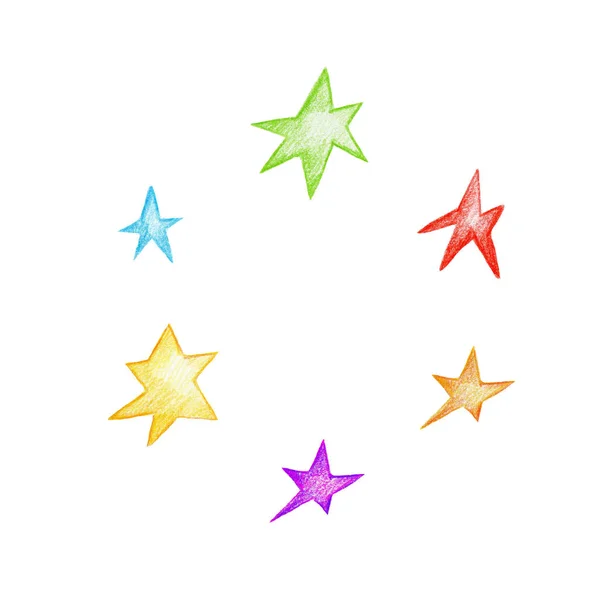 Uppsättning Färgade Stjärnor Isolerad Vit Bakgrund Färgad Penna Illustration — Stockfoto