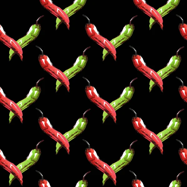 Sömlöst Mönster Med Röd Och Grön Chilipeppar Akvarell Färska Grönsaker — Stockfoto