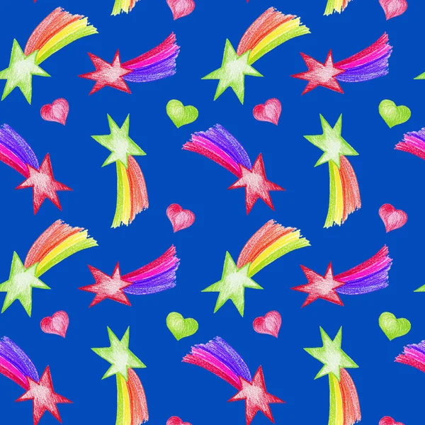 Rainbow Shooting Star Heart Seamless Pattern Cartoon Blue Background — Stock Photo, Image