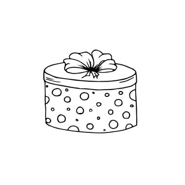 Beyaz arka planda yay ile izole yuvarlak hediye kutusu. Mutlu Noeller ve mutlu yıllar Siyah illüstrasyonlar.