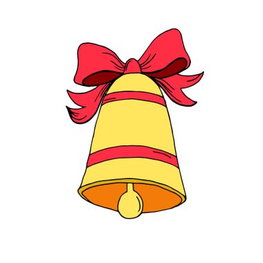 Kırmızı yaylı altın metal çan beyaz arka planda izole edilmiş. Vektör İllüstrasyonu Bölüm 10