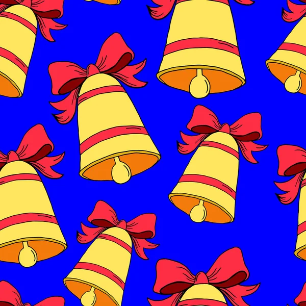 Seamless Pattern Golden Metal Bell Red Bow Blue Background Vector — Stock vektor