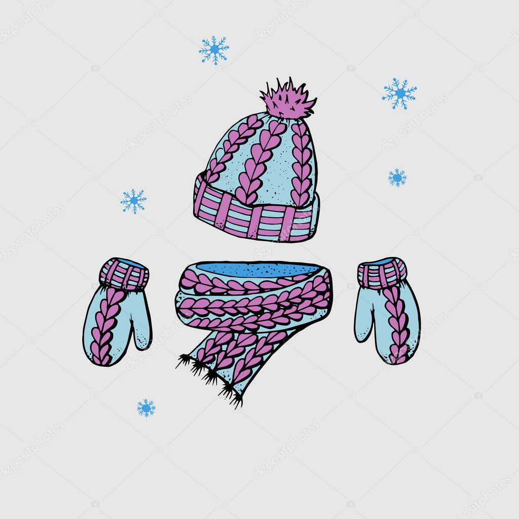 Doodle style of a hat, scarf, mittens on a grey background. Winter clothes. Vector illustration for web, print, or advertising use.