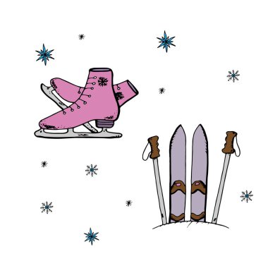 Doodle tarzı patenler ve kayaklar beyaz arka planda izole edilmiş. Kış sporu. Vektör illüstrasyonu
