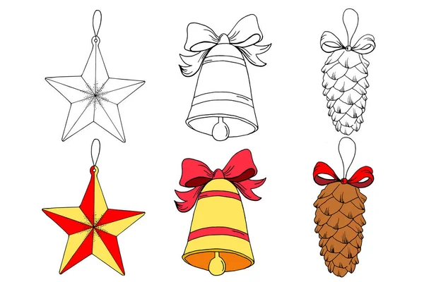 一套圣诞树玩具 铃铛和颠簸 圣诞树装饰元素 圣诞快乐和新年快乐矢量彩图 — 图库矢量图片#