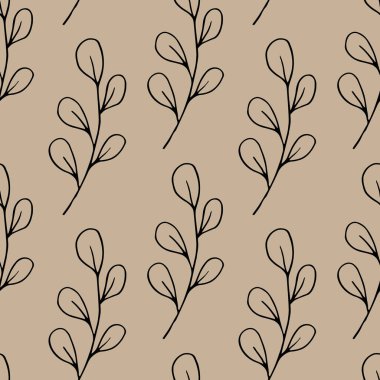 Gri arka planda yaprakları olan kusursuz bir dal deseni. vektör botanik illüstrasyon