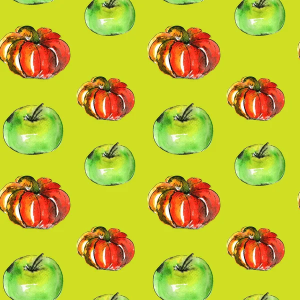 Бесшовный Узор Зелеными Яблоками Тыквой Красочный Яркий Юбилейный Фон Ваших — стоковое фото