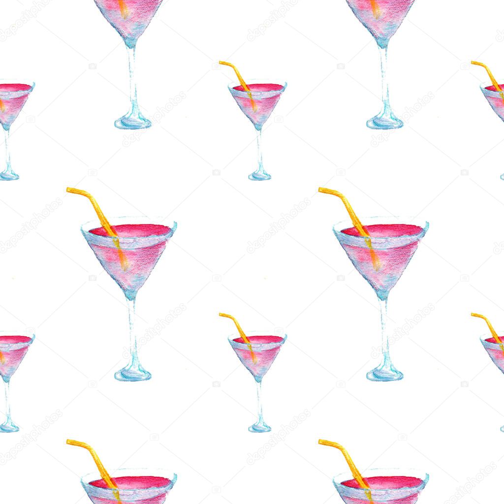 Cocktail glass seamless pattern. Summer fun background. Beach, bar and tropical leaves