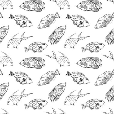 Balıklarla kusursuz bir desen. Basit düz biçim vektör çizimi.