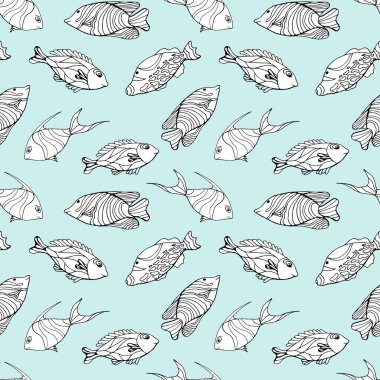 Balıklarla kusursuz bir desen. Basit düz biçim vektör çizimi.