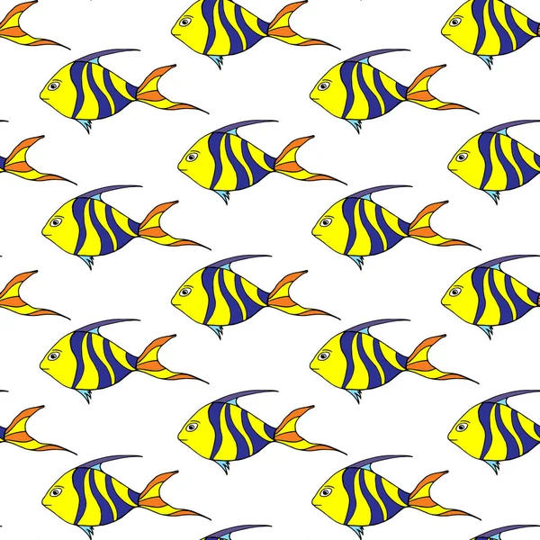 Płynny Wzór Żółtymi Czerwonymi Rybami Białym Tłem Prosty Płaski Styl — Wektor stockowy