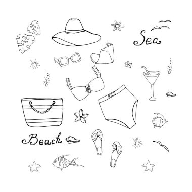Plaj seti: mayo, şapka, güneş gözlüğü, yüz kalkanı, plaj terlikleri, balık, denizyıldızı, çanta, kokteyl. Vektör. Sahil sezonu 2020. Yaz