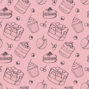  Kekler ve keklerle kusursuz bir düzen. Vektör illüstrasyonu