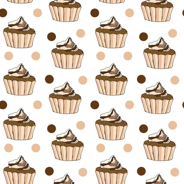 Seamless Pattern Muffin Cream Chocolate Cupcake White Background Sweet Desserts — Stock Vector