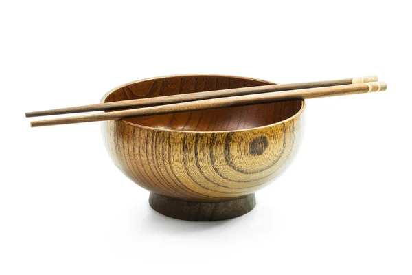 Wooden bowl and chopsticks isolated — Stock Photo, Image