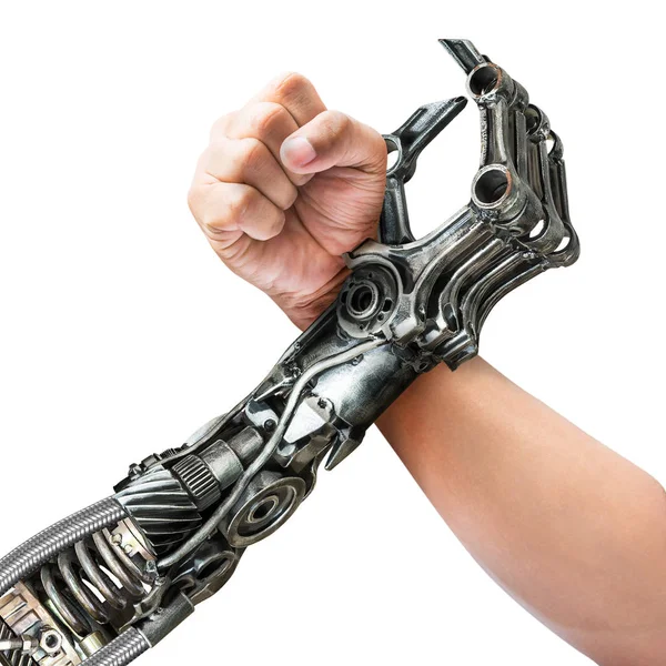 Human and robot arm wrestling — Stock Photo, Image