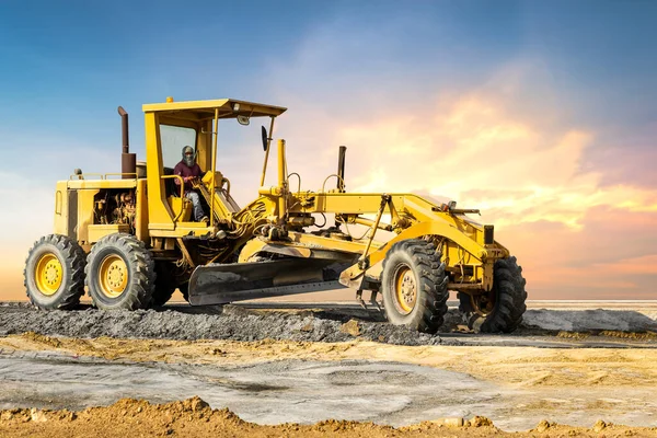 Industrial Motor Grader Ground Sunset Background Earth Moving Engine Equipment — Stock Photo, Image