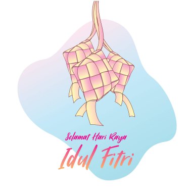 Mutlu Günler Aidilfitri tebrik kartı tasviri. Yumuşak pastel rengin arka planında ketupatın vektörü. Oruç Günü Kutlaması