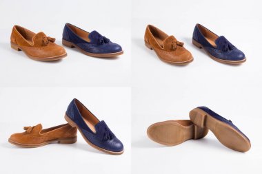 Beyaz arka plan üzerinde erkek kahverengi ve mavi deri ayakkabı