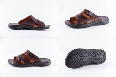 Beyaz arka plan üzerinde erkek kahverengi deri terlik