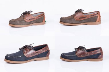 Beyaz arka plan üzerinde erkek kahverengi ve mavi deri ayakkabı