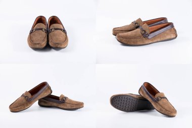 Beyaz arka plan üzerinde erkek kahverengi deri ayakkabı